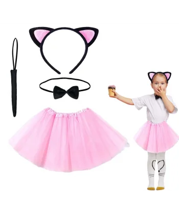 Pembe Renk Etekli Kedi Kostüm Seti (tütü, Taç, Papyon, Kuyruk)