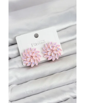 Pembe Renk Kristal Taşlı Çiçek Model Kadın Küpe