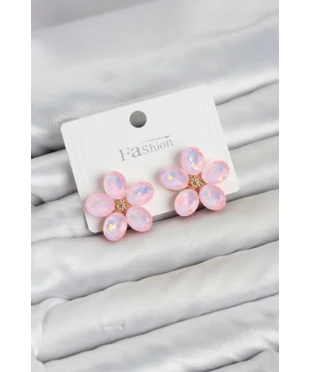 Pembe Renk Kristal Taşlı Çiçek Model Kadın Küpe