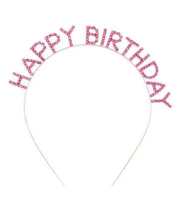Pembe Renk Kristal Taşlı Gold Renk Kaplama Happy Birthday Taç 16x17 Cm