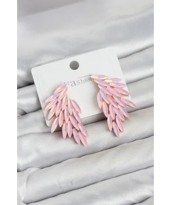 Pembe Renk Kristal Taşlı Kanat Küpe