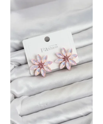 Pembe Renk Kristal Taşlı Lotus Çiçek Model Kadın Küpe