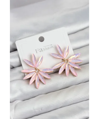 Pembe Renk Kristal Taşlı Lotus Model Kadın Küpe