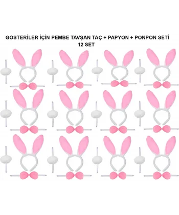 Pembe Tavşan Kostüm Seti – Taç, Papyon, Ponpon (12’li Paket)