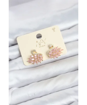 Pembe Zirkon Taşlı Gold Swan Kuğu Model Kadın Küpe