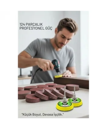 Pimli 50mm Cırt Zımpara Taban Seti 124 Parça Matkap ve Gravür Uyumlu Profesyonel Hobi Seti