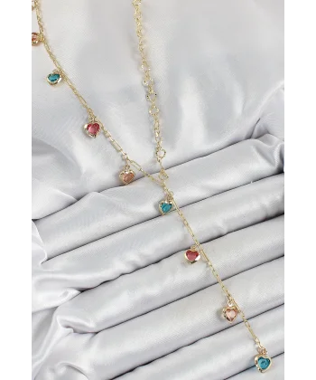 Pirinç Asorti Kalp Model Gold Renk Zirkon Taşlı Y Kolye