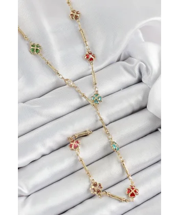 Pirinç Asorti Kalpli Yonca Model Gold Renk Zirkon Taşlı Y Kolye