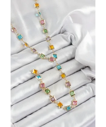 Pirinç Asorti Kare Model Gold Renk Zirkon Taşlı Y Kolye