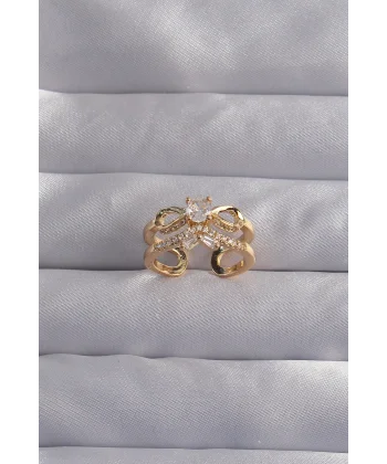 Pirinç Ayarlamalı Gold Renk Zirkon Taşlı 2li Görünüm Fiyonk Yüzük