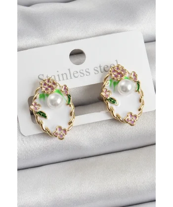 Pirinç Beyaz Mineli İnci Detaylı Sanatsal Portre Model Gold Renk Kadın Küpe