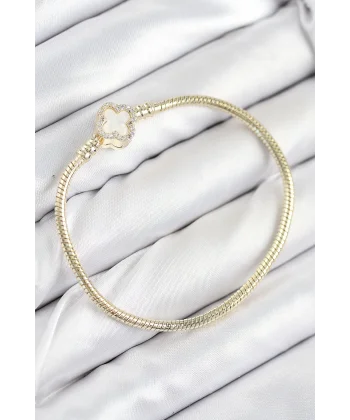 Pirinç Charm Zirkon Taşlı Yonca Model Gold Renk Kadın Bileklik