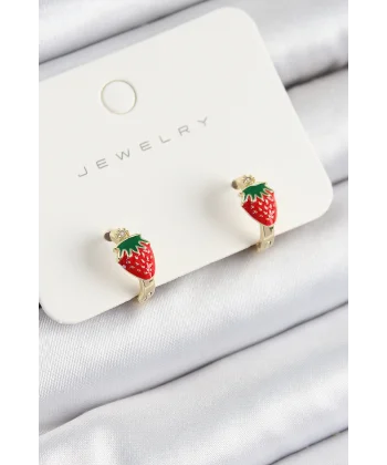 Pirinç Çilek Model Gold Renk Çocuk Küpe