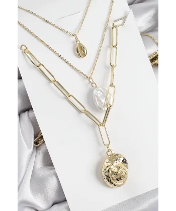 Pirinç Çoklu Zincirli İncili Deniz Kabuğu Model Gold Renk Kadın Kolye