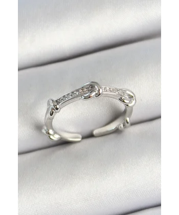 Pirinç Düğüm Figürlü Zirkon Taşlı Gümüş Renk Ayarlanabilir Kadın Yüzük