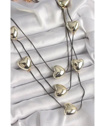 Pirinç Füme Renk Zincir 3D Gold Renk Kalp Model Kadın Kolye