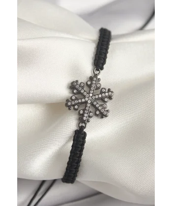 Pirinç Füme Renk Zirkon Taşlı Kar Tanesi Figür Makrome Asansörlü Model Kadın Bileklik