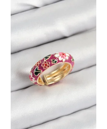 Pirinç Fuşya Mineli Çiçek Motifli Gold Renk Ayarlanabilir Kadın Yüzük