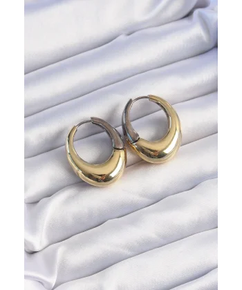 Pirinç Gold Gümüş Renkli Oval Bombeli Küpe