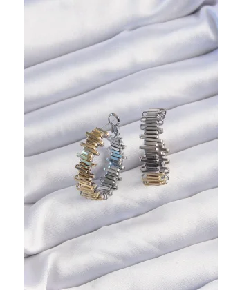 Pirinç Gold Gümüş Renkli Tırtıklı Halka Küpe