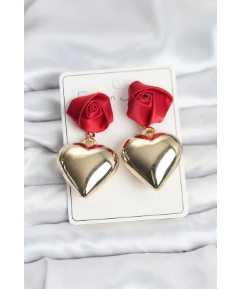 Pirinç Gold Kalpli Kırmızı Gül Model Kadın Küpe