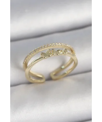 Pirinç Gold Renk 2Li Sıra Zirkon Taş Detaylı Kelebek Figürlü Ayarlanabilir Model Kadın Yüzük