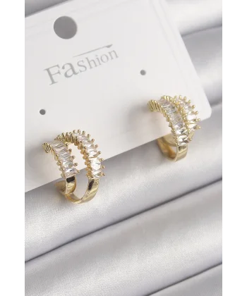 Pirinç Gold Renk 2Li Zirkon Taşlı Halka Model Kadın Küpe