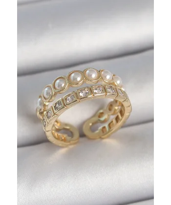 Pirinç Gold Renk 2Li Zirkon Taşlı Ve İncili Ayarlanabilir Kadın Yüzük
