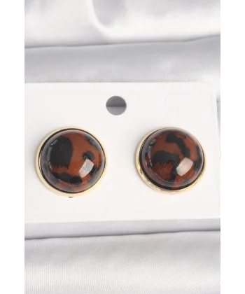 Pirinç Gold Renk 3D Daire Leopar Model Kadın Küpe