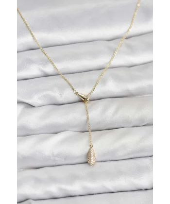 Pirinç Gold Renk Asansörlü Damla Model Kadın Kolye