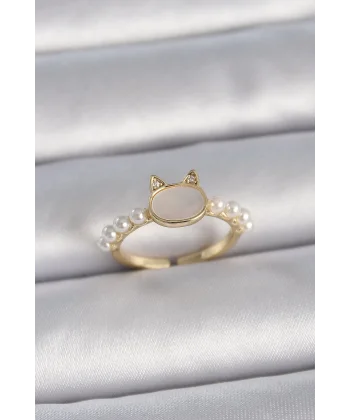 Pirinç Gold Renk Ayarlanabilir Beyaz Mineli Kedi Model İnci Detay Kadın Yüzük