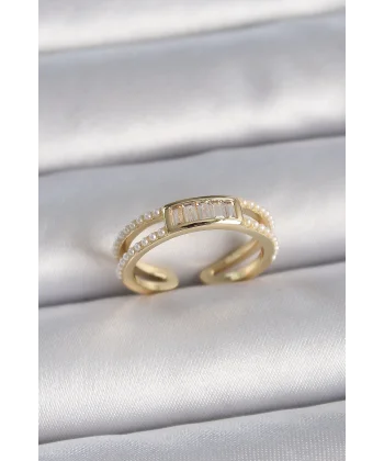 Pirinç Gold Renk Ayarlanabilir Sıralı İncili Zirkon Taş Detaylı Kadın Yüzük