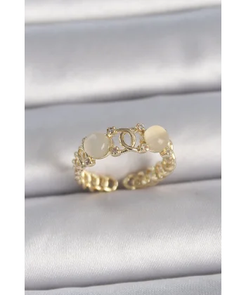 Pirinç Gold Renk Ayarlanabilir Zirkon Taşlı Beyaz Mineli Birleşik Halka Model Kadın Yüzük