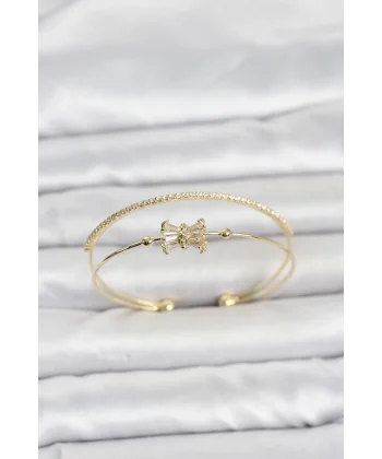 Pirinç Gold Renk Baget Zirkon Taşlı Objeli Kadın Bileklik