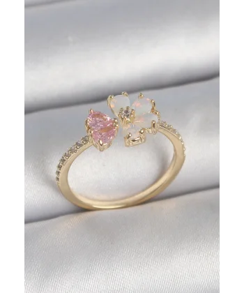 Pirinç Gold Renk Beyaz Mineli Pembe Zirkon Taşlı Çiçek Model Kadın Yüzük