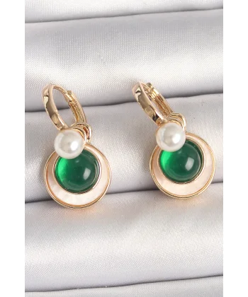 Pirinç Gold Renk Beyaz Yeşil Sallantı Mineli Kadın Küpe