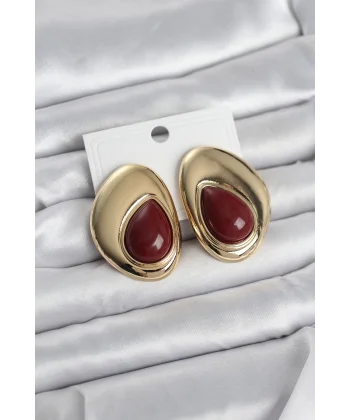 Pirinç Gold Renk Bordo Taşlı Damla Model Vintage Kadın Küpe