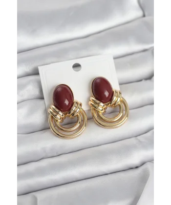 Pirinç Gold Renk Bordo Taşlı Vintage Kadın Küpe