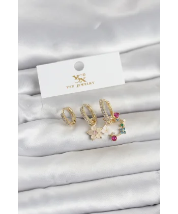 Pirinç Gold Renk Çiçek Model 3lü Kadın Küpe