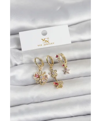 Pirinç Gold Renk Çiçek Model 3lü Kadın Küpe