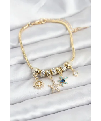 Pirinç Gold Renk Deniz Tema Charmlı Kadın Bileklik