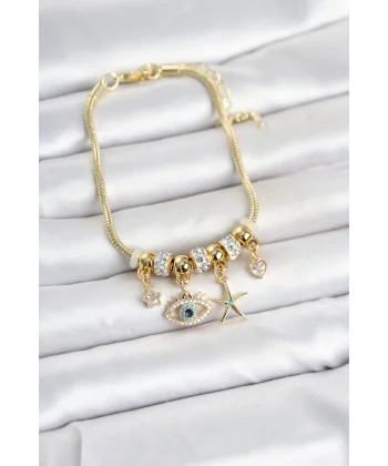 Pirinç Gold Renk Göz Model Charmlı Kadın Bileklik