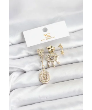 Pirinç Gold Renk Göz ve Kutup Yıldızı Model YSX Trio Küpe Seti