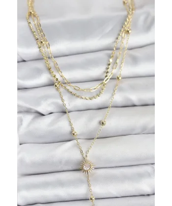 Pirinç Gold Renk Güneş Model Detaylı 3lü Kombin Y Kadın Kolye