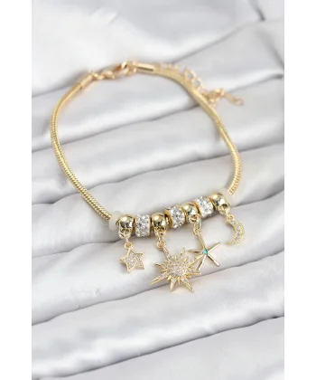 Pirinç Gold Renk Güneş Tema Charmlı Kadın Bileklik