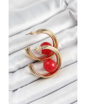 Pirinç Gold Renk Halka Model Kırmızı Boncuk Detay Kadın Küpe