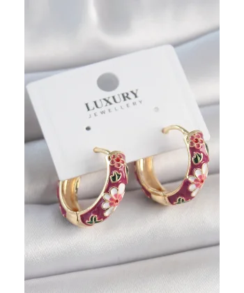 Pirinç Gold Renk Halka Mor Çiçek Mineli Kadın Küpe