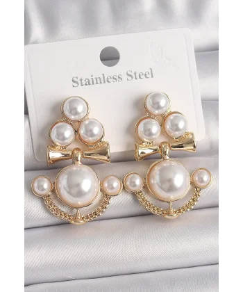 Pirinç Gold Renk İncili Çapa Model Kadın Küpe