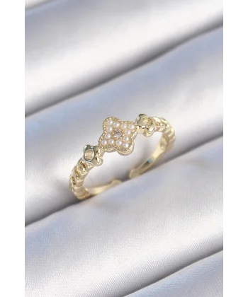 Pirinç Gold Renk İncili Yonca Model Zirkon Taş Detay Kadın Yüzük