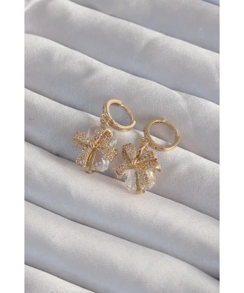 Pirinç Gold Renk İri Zirkon Taşlı Fiyonk Model Halka Küpe